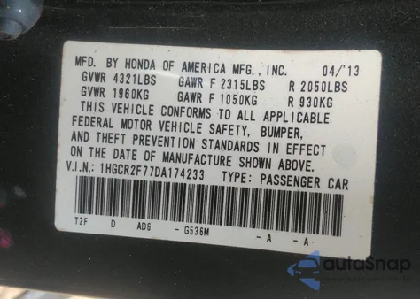 2013 Honda Accord Ex from USA, damaged, VIN 1HGCR2F77DA174233
